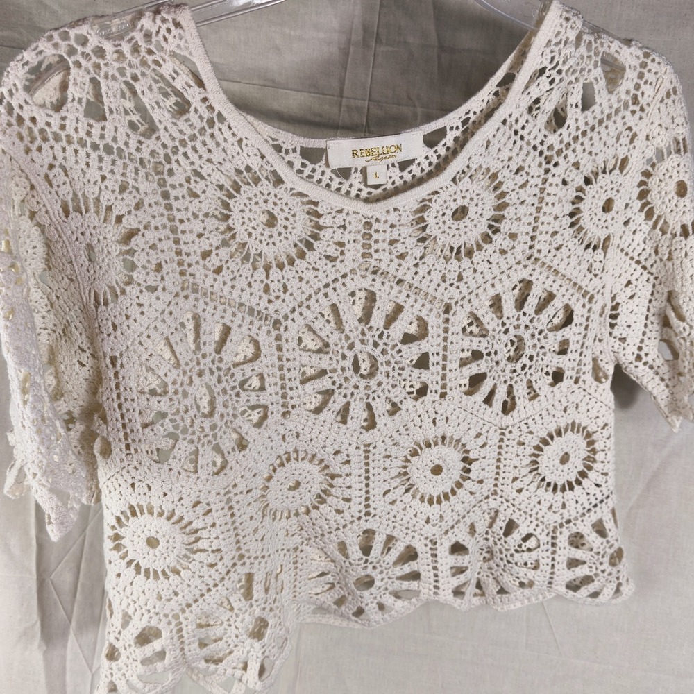 Boho Crochet Crop Top White Cottagecore Fairycore Festival Beachy Y2K Inspired L - Picture 10 of 12